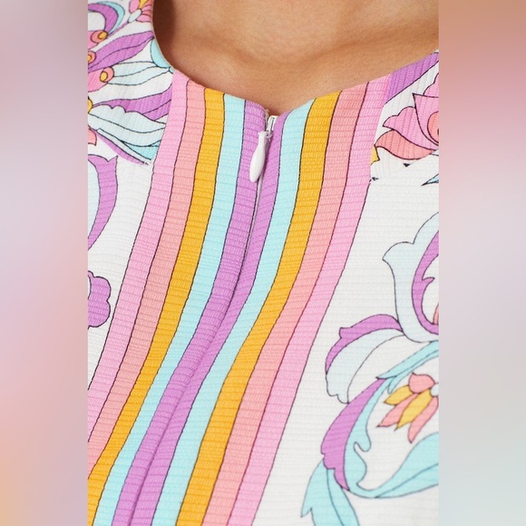 Trina Turk Floral Arboretum Mini Dress Short Sleeve Full Zip Front Size 6 Preppy - Picture 4 of 9